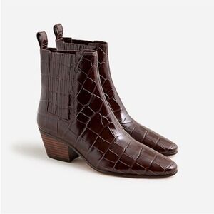 J. Crew Piper Ankle Boots Italian Croc-Embossed Leather Brown Holidays Size 6.5